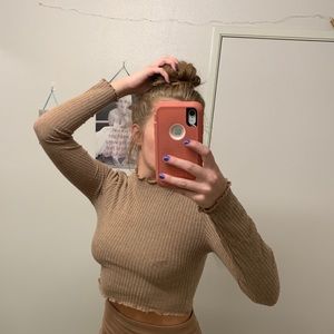 Brown long sleeve ruffled crop top only worn once